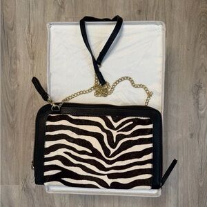 NWOT Kate Landry Zebra Faux Fur Black Clutch with Gold crossbody Hardware